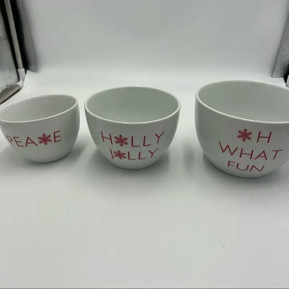 Set of 3 Crate & Barrel Ceramic Small Nesting Bowls. Holiday Nesting Bowls.
